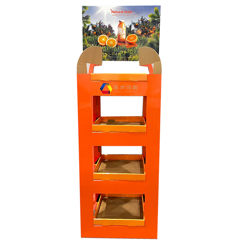 商場(chǎng)促銷鏤空落地式食品紙貨架 零售組裝托盤紙飲品展示架定制